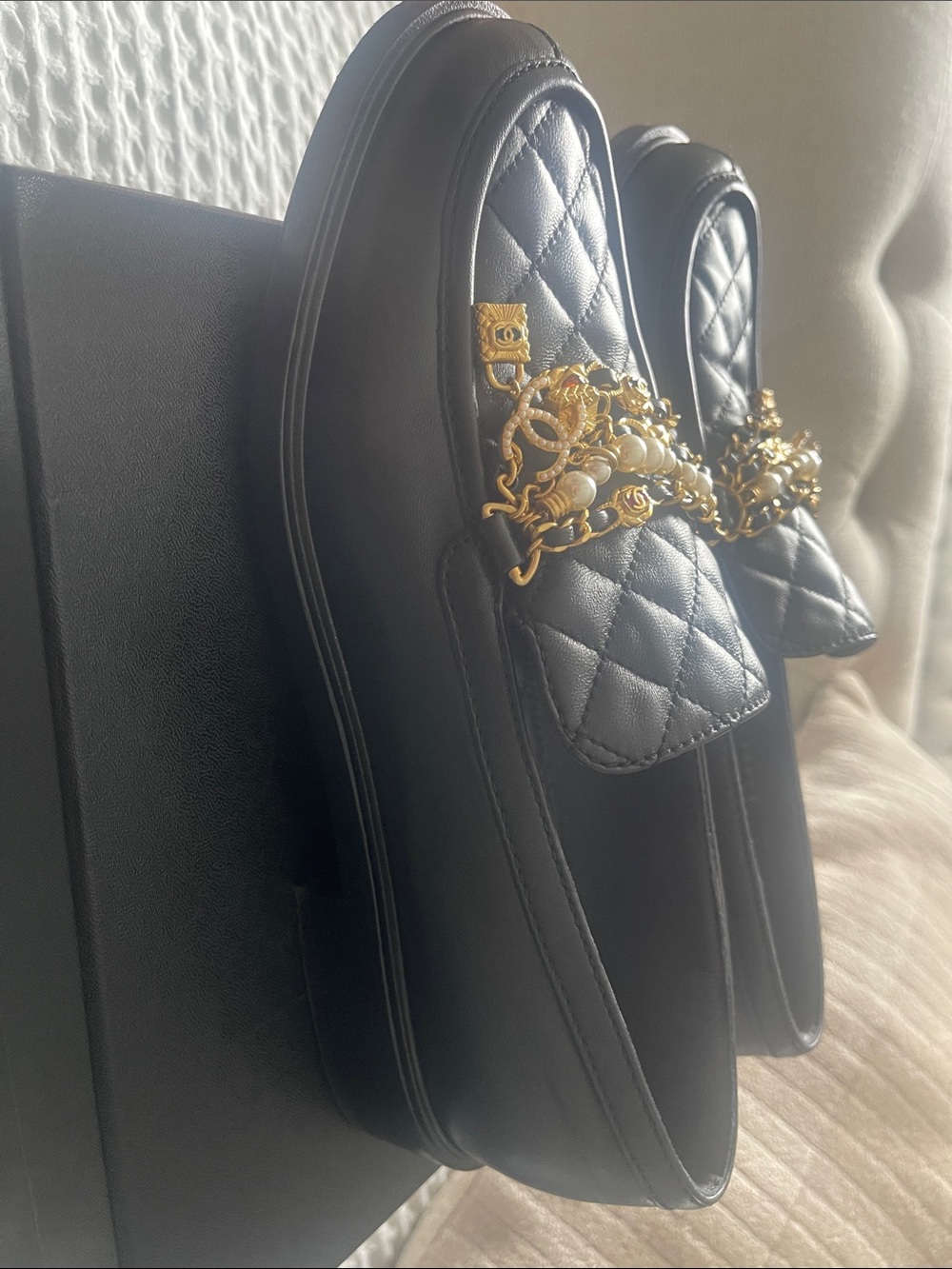 Authentic CHANEL Black Quilted Leather Pearl & Gold Chain Loafers - Picture 6 of 9